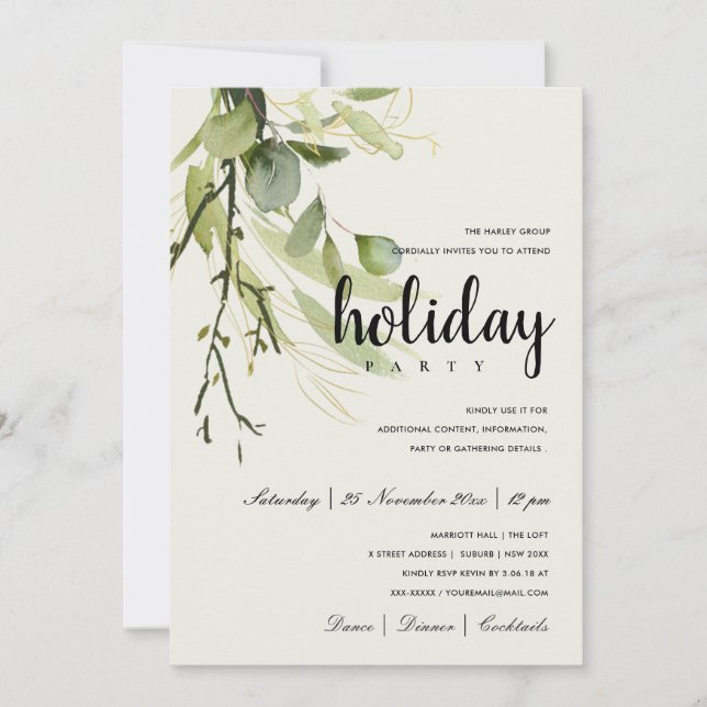LEAFY GREEN GOLD FOLIAGE CORPORATE HOLIDAY PARTY INVITATION (Front)