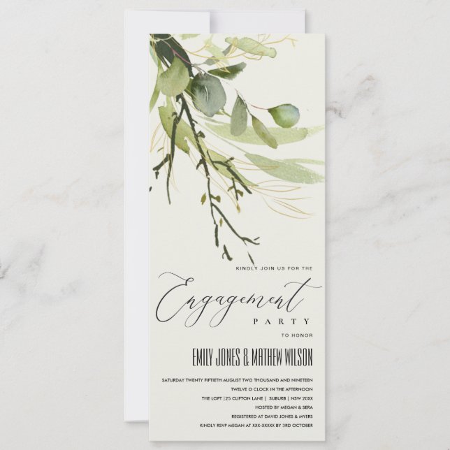 LEAFY GREEN GOLD FOLIAGE WATERCOLOR ENGAGEMENT INVITATION (Front)