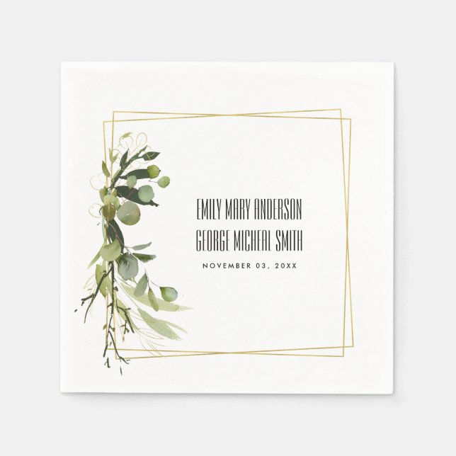 LEAFY GREEN GOLD FOLIAGE WREATH WATERCOLOR WEDDING NAPKIN (Front)