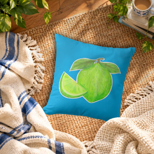 Leafy Green Lime with Bright Blue Citrus Pattern Cushion