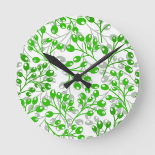 Leafy Green Pattern Modern Elegant Berries Round Clock