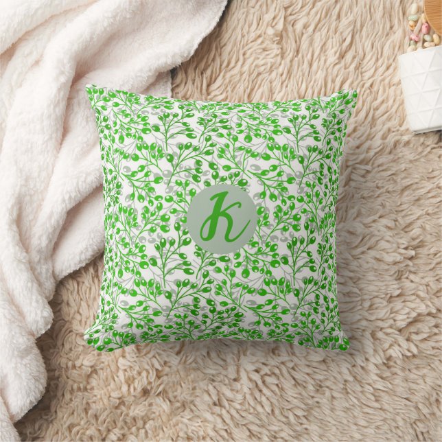 Leafy Green Pattern Modern Elegant Monogrammed Cushion (Blanket)