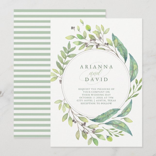 Leafy Green | Trendy Watercolor Frame Wedding Invitation (Front/Back)