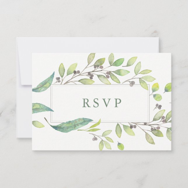 Leafy Green | Trendy Watercolor Frame Wedding RSVP (Front)