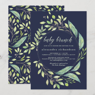 Leafy Green Watercolor Baby Brunch Dark Blue Invitation