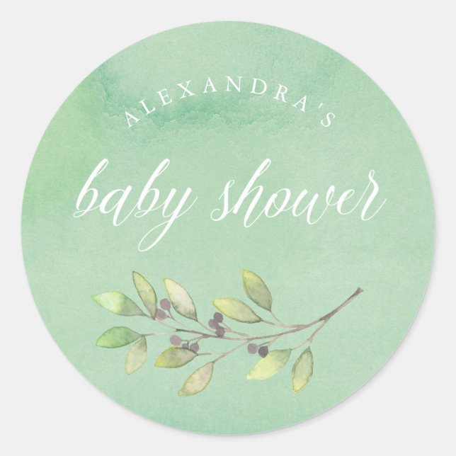 Leafy Green | Watercolor Baby Shower Classic Round Sticker (Front)