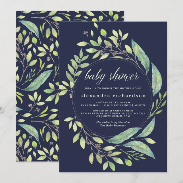 Leafy Green Watercolor Baby Shower Dark Blue Invitation (Front/Back)