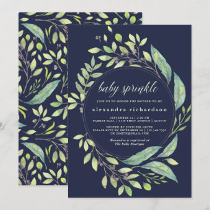 Leafy Green Watercolor Baby Sprinkle Dark Blue Invitation