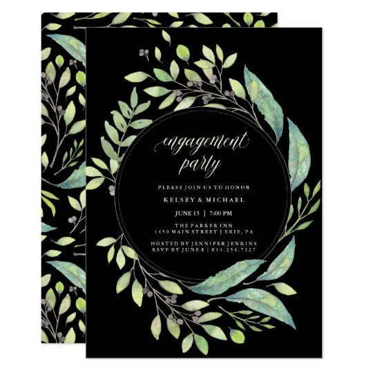 Leafy Green Watercolor | Black Engagement Party Card
