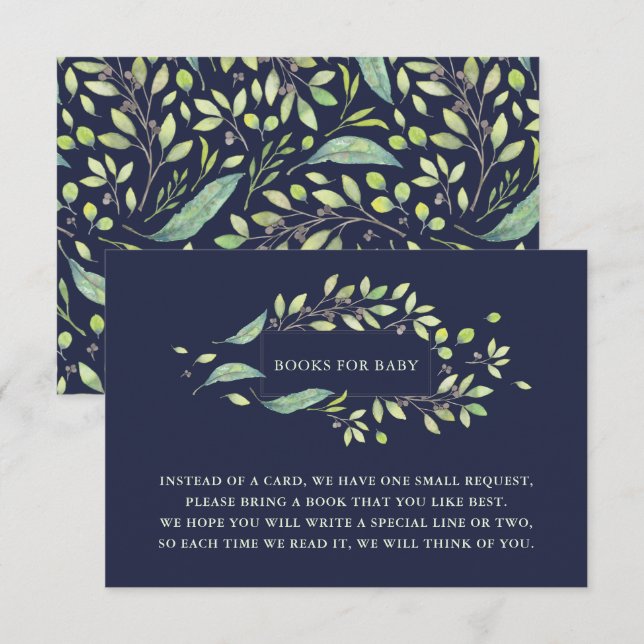Leafy Green | Watercolor Book Request Dark Blue Invitation (Front/Back)