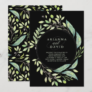 Leafy Green Watercolor Frame Wedding   Black Invitation
