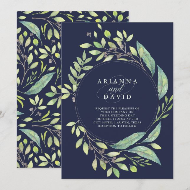 Leafy Green Watercolor Frame Wedding | Dark Blue Invitation (Front/Back)