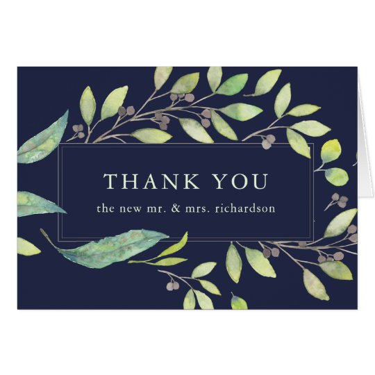 Leafy Green Watercolor | Midnight Blue Thank You Card