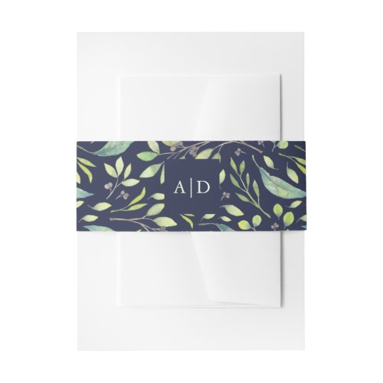 Leafy Green Watercolor Wedding Monogram Dark Blue Invitation Belly Band