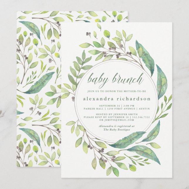 Leafy Green | Watercolor Wreath Baby Brunch Invitation (Front/Back)