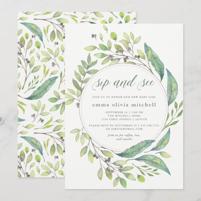 Leafy Green | Watercolor Wreath Sip and See Invitation (Front/Back)