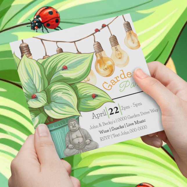 Leafy Hosta Plant with Ladybugs and Buddha Invitation (Birthday, garden party, house warming party Buddha, plants and ladybug customizable invitation. )