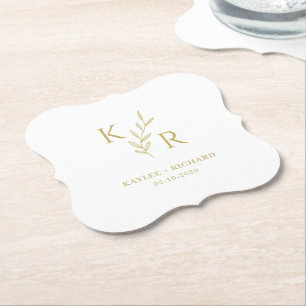 Leafy Initials Wedding Rehearsal Engagement Party Paper Coaster