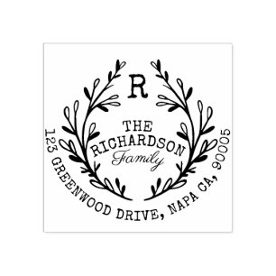 Leafy Laurel Branch Wreath Monogram Family Address Rubber Stamp