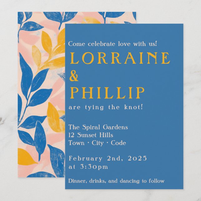 Leafy Lithograph Bold Blue yellow and pink wedding Invitation (Front/Back)