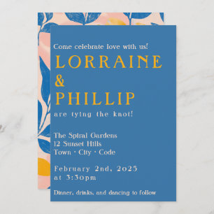 Leafy Lithograph Bold Blue yellow and pink wedding Invitation