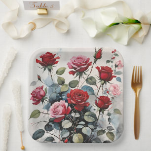 Leafy Long Stem Red And Pink Roses Paper Plate