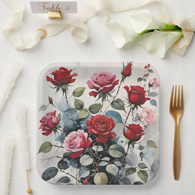 Leafy Long Stem Red And Pink Roses Paper Plate (Wedding)
