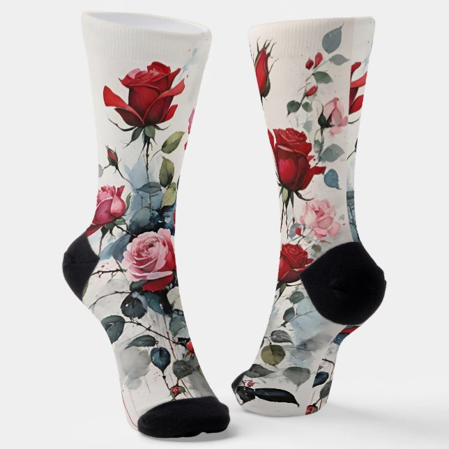 Leafy Long Stem Red And Pink Roses Socks (Angled)