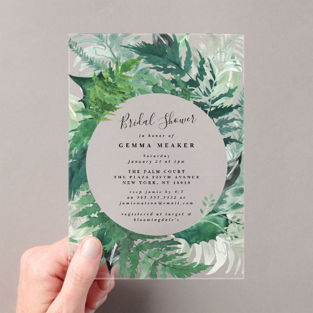 Leafy Modern Watercolor Acrylic Bridal Shower Acrylic Invitations (Insitu (Handheld))
