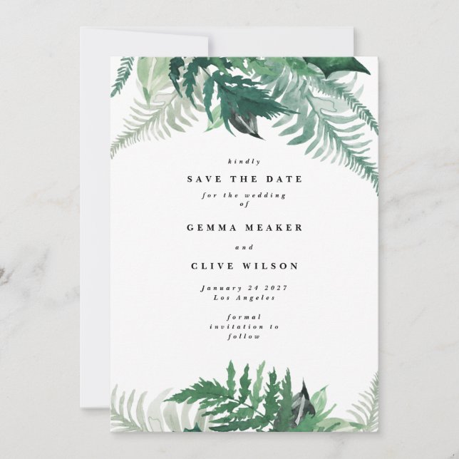 Leafy Modern Watercolor Photo Save the Date (Front)