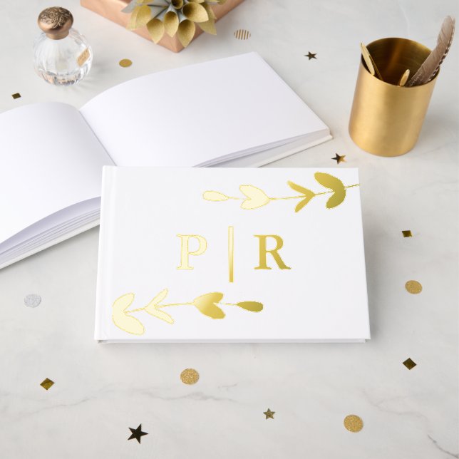 Leafy Monogram Name and Date Wedding Guest Book (Front Open)