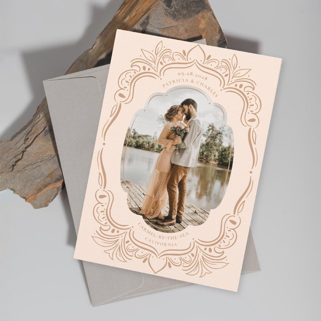 Leafy Ornate Photo Frame Peach Save The Date (Creator Uploaded)