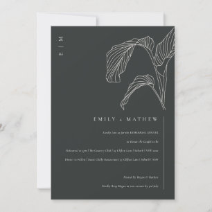 Leafy Palm Black White Rehearsal Dinner Invite