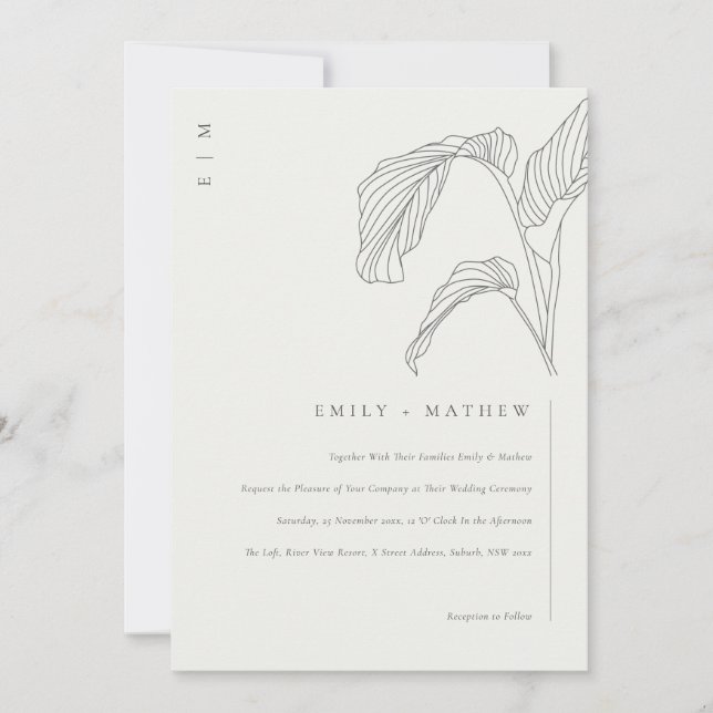 Leafy Palm Sketch Black White Wedding Invite (Front)