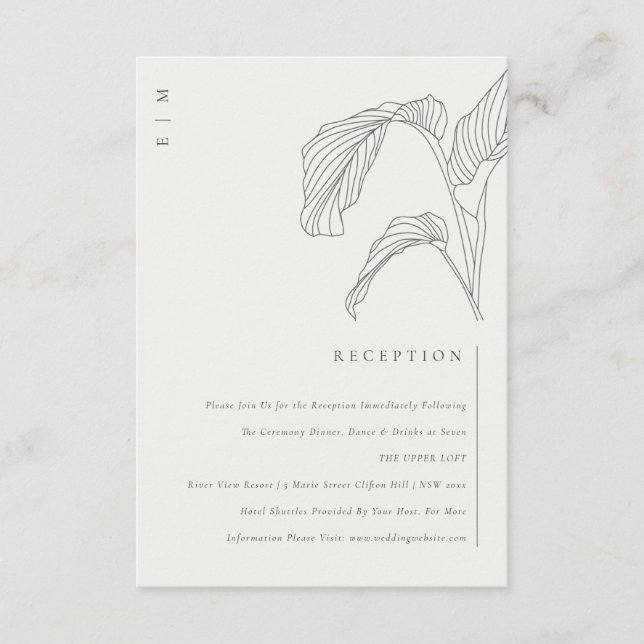 Leafy Palm Sketch Black White Wedding Reception Enclosure Card (Front)