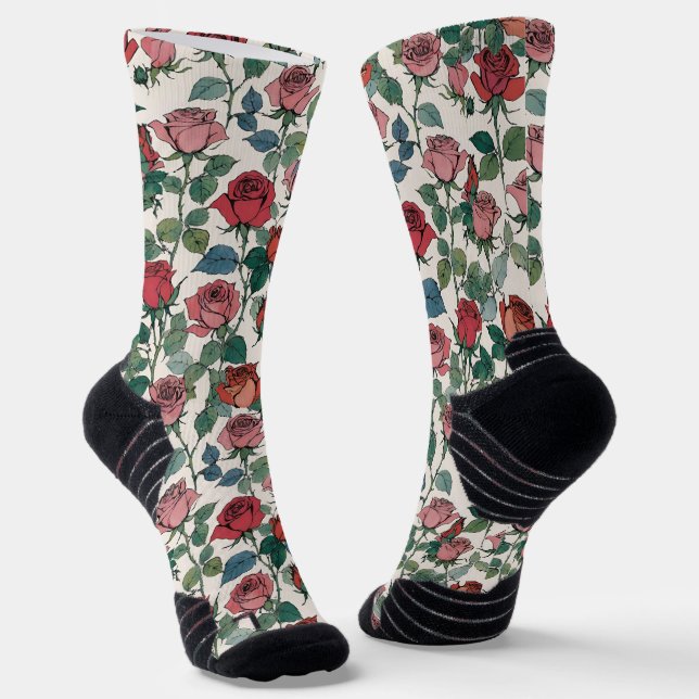 Leafy Red Long Stem Roses Socks (Angled)