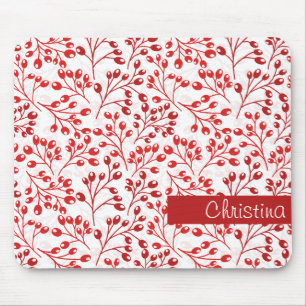 Leafy Red Pattern Modern Elegant Custom Name  Mouse Mat
