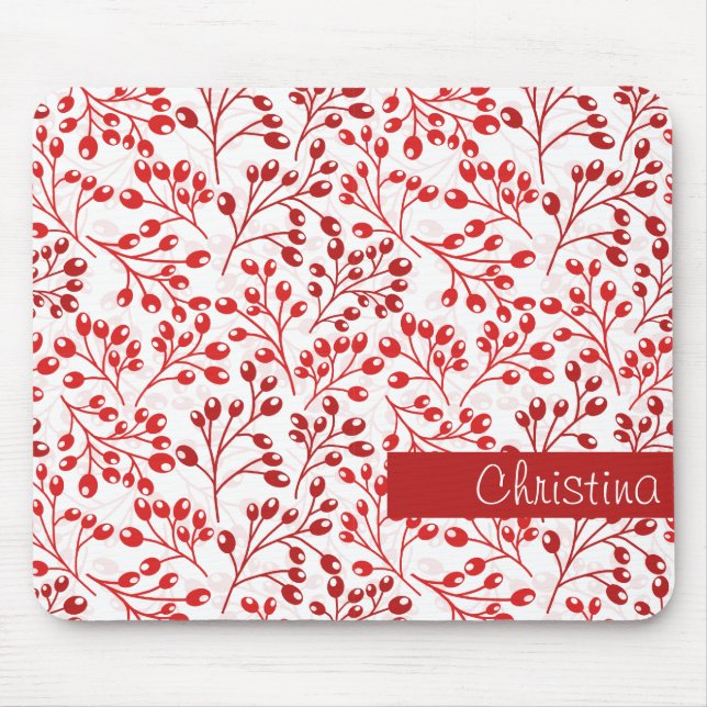 Leafy Red Pattern Modern Elegant Custom Name  Mouse Mat (Front)