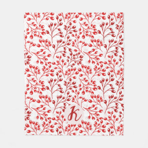 Leafy Red Pattern Modern Elegant Monogrammed Fleece Blanket