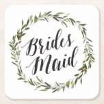 Leafy Script Wreath | Bridesmaid Square Paper Coaster<br><div class="desc">Propose to your bridesmaids in style with these super chic and modern bridesmaid coasters.</div>