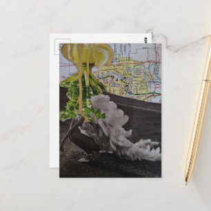 Leafy UFO Comes For Her Mixed Media Collage Postcard