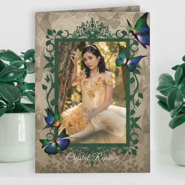 Leafy Vines, Butterflies Quinceanera Invitation (Vintage beige and hunter green butterflies quinceanera invitation, decorative ornate vines border)