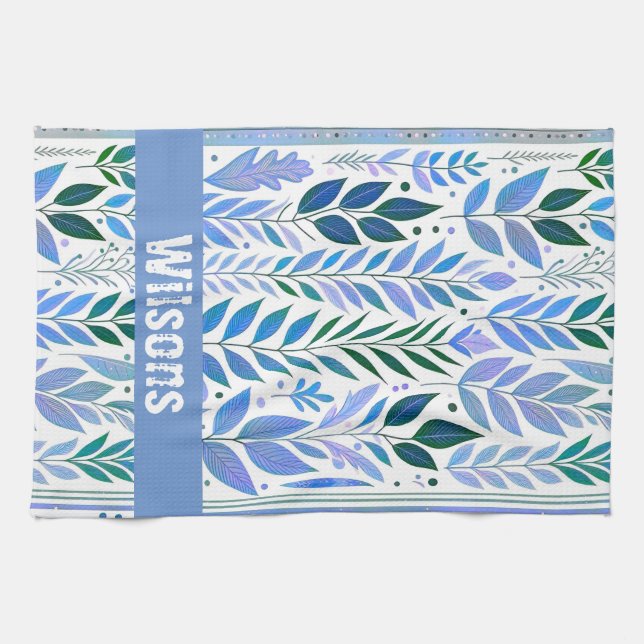 Leafy Vines pattern. blue and Periwinkle Tea Towel (Horizontal)