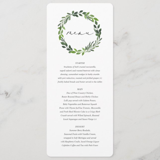 Leafy watercolor botanical wedding menu (Front)