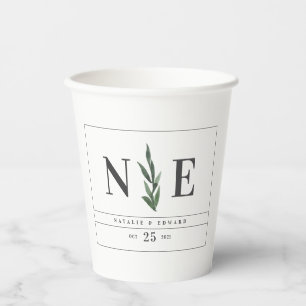 leafy watercolor floral monogram wedding  paper cups