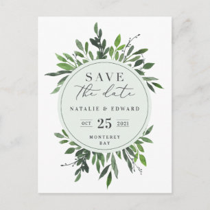 leafy watercolor floral save the date postcard