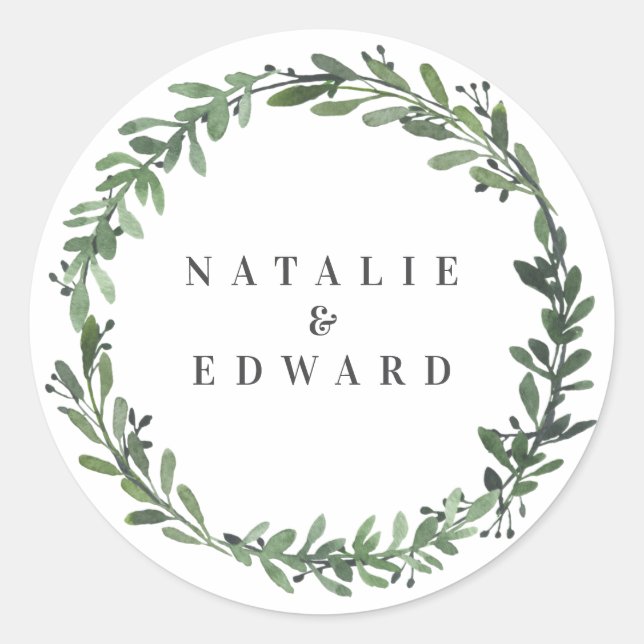 leafy watercolor floral wedding name stickers (Front)