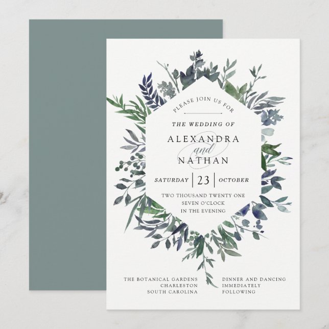 Leafy Watercolor Frame | Wedding Invitation (Front/Back)