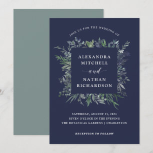 Leafy Watercolor Midnight Blue Wedding Invitation