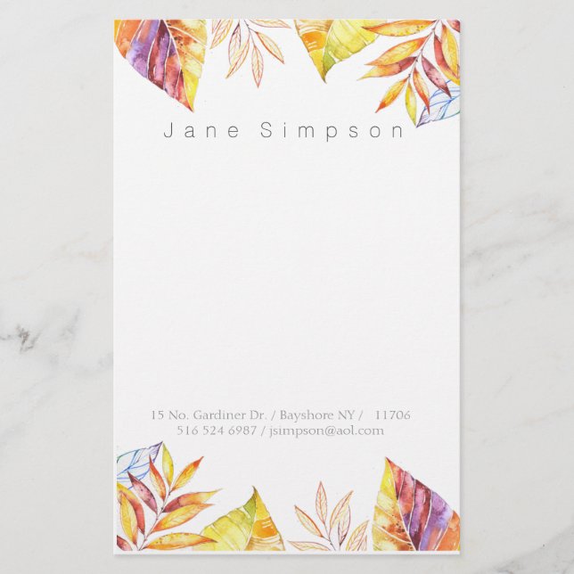 leafy watercolor personal stationary stationery (Front)